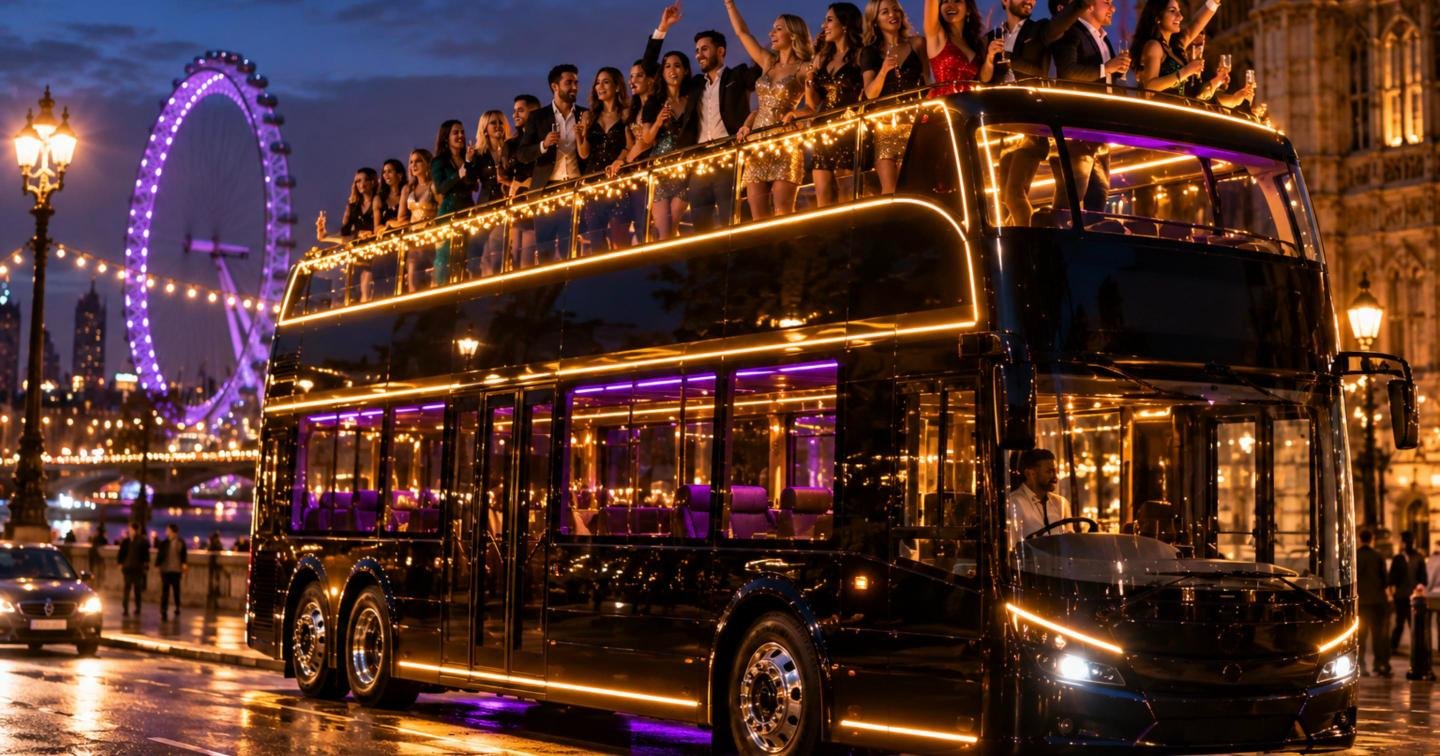 Party group on the upper deck of a double-decker party bus with gold lighting in London