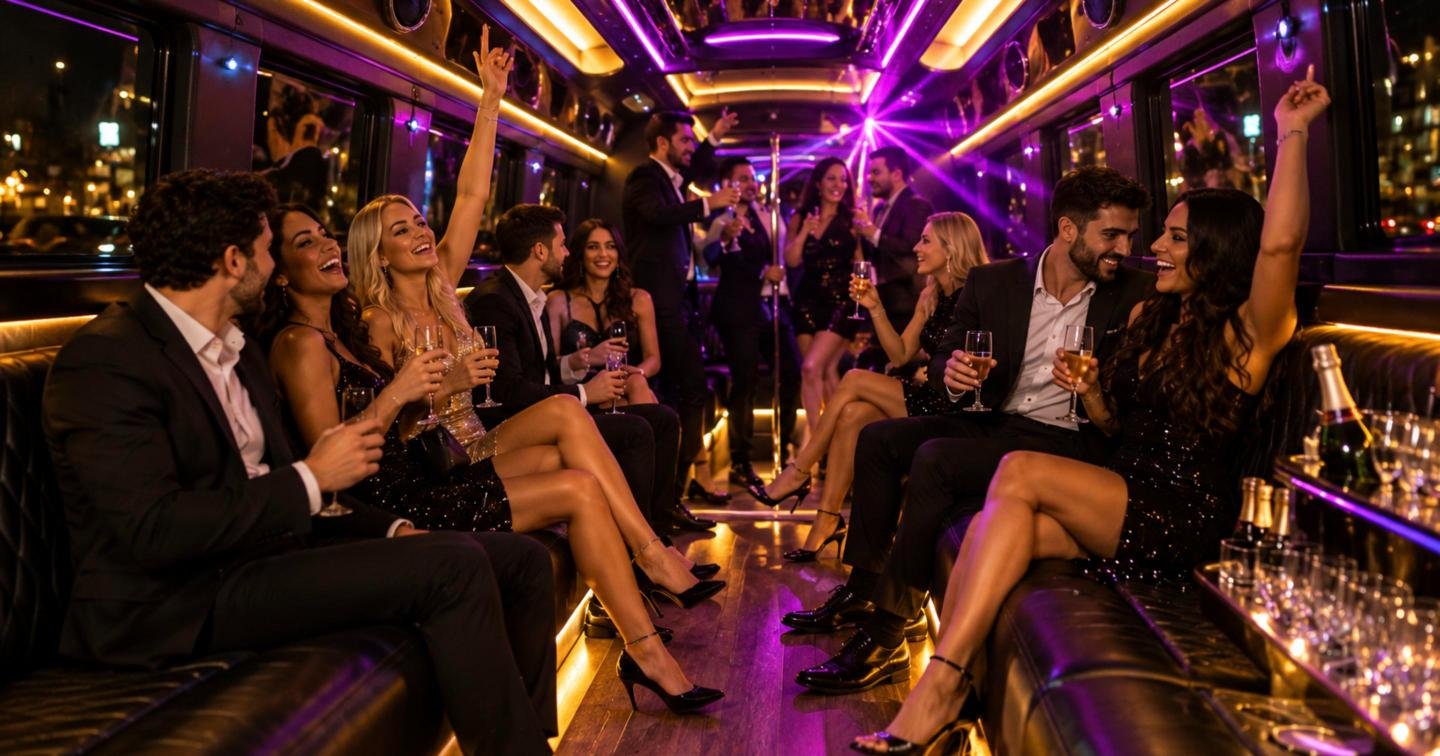 Friends celebrating a birthday inside a 16-seater limo party bus with LED lighting and lounge seating