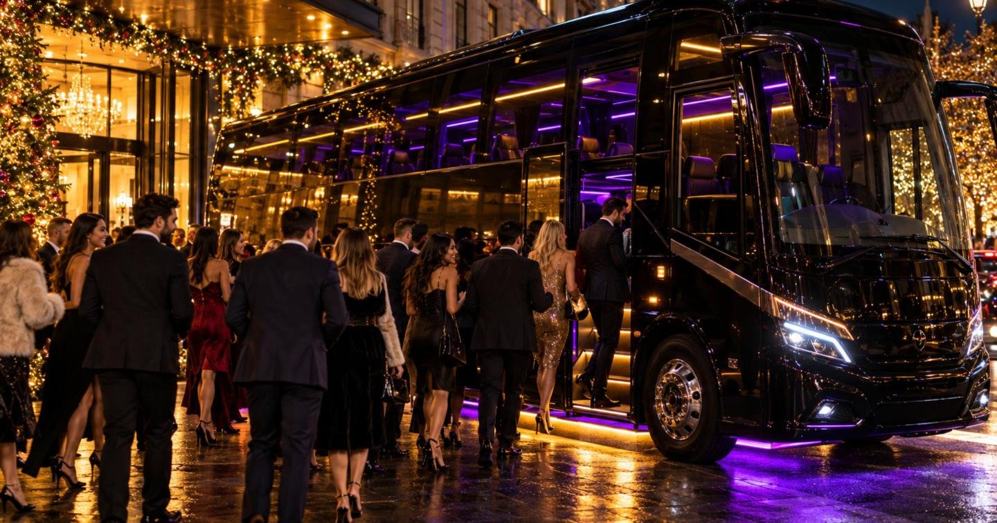 Office Christmas party group boarding a black party coach with LED lighting