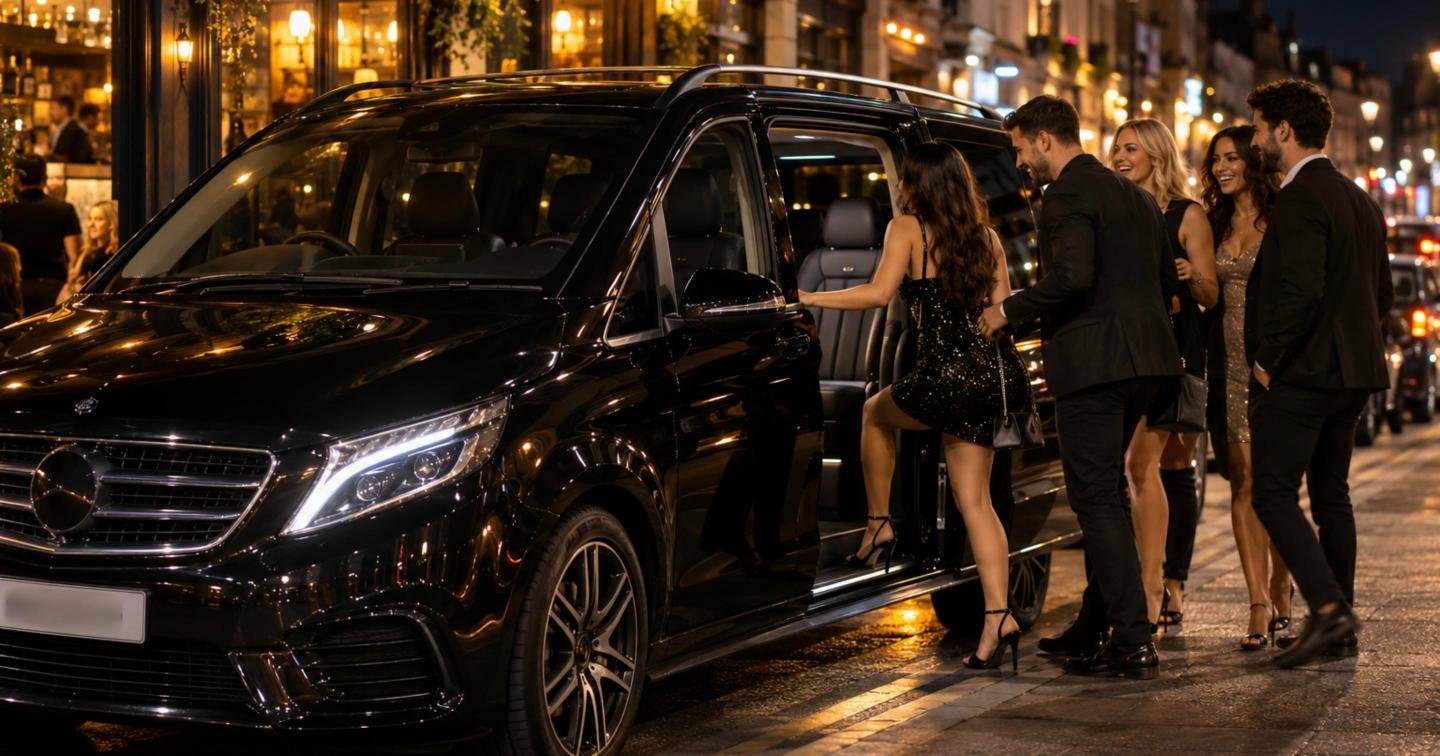 Group of friends boarding a black 8-seater party minibus on a Croydon high street at night