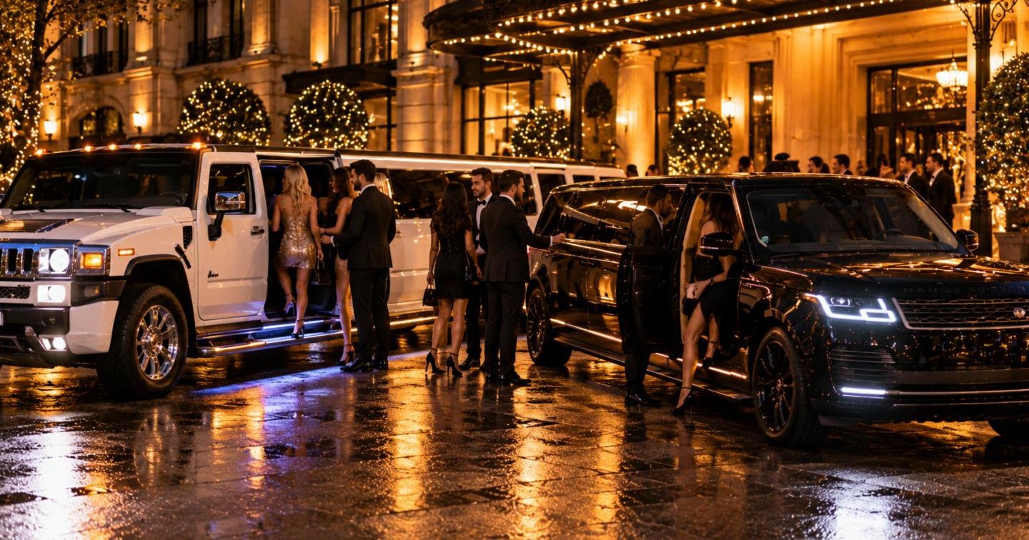 White stretch Hummer-style limo and black stretch SUV limo outside a venue at night